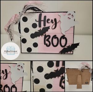 Halloween Hey Boo Table Decor, 8 x 10 inches, Polka Dot Design with Bats